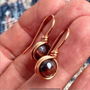 Artisan Wire Wrapped Copper Earrings with Mystic Tiger Eye Beads
